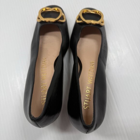 Stuart Weitzman Anicia 60 Black Leather Pumps Gold Buckle Size 5.5 Block Heel - Picture 8 of 13